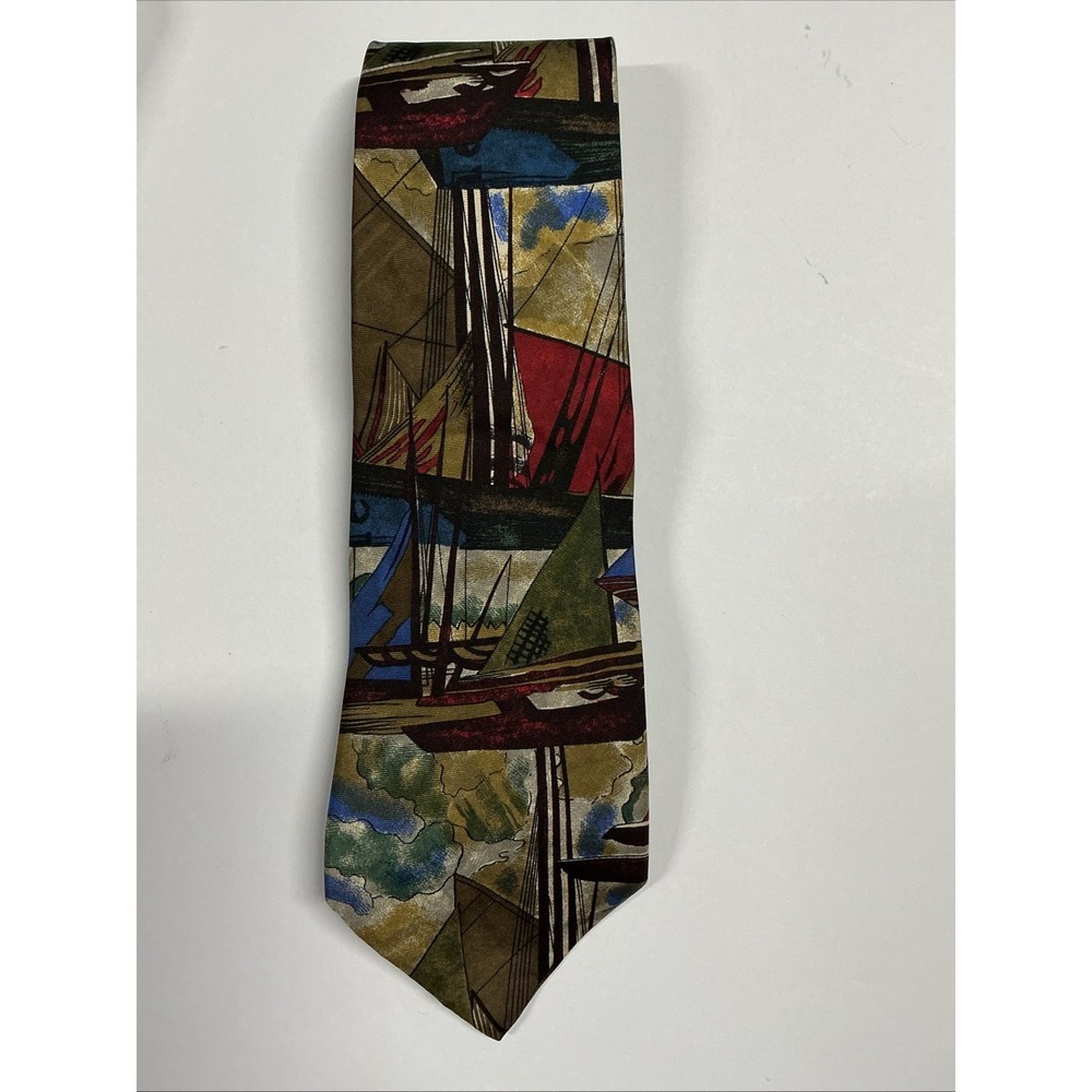 Vtg Perry Ellis Portfolio 100% Imported Italian Silk Sailboat Abstract Made USA